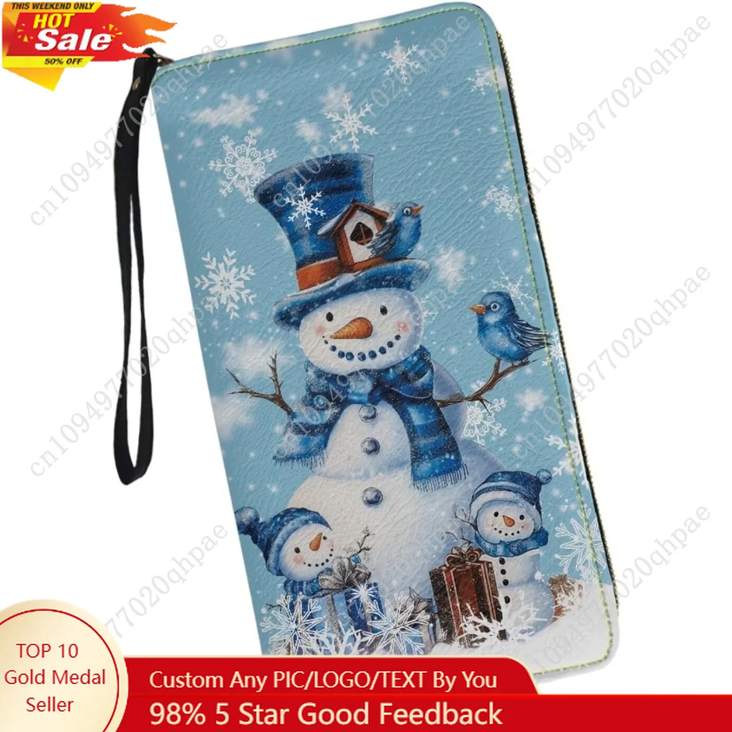 

Christmas Wallet for Women Blue Snowman Large Capacity Clutch Purse for Ladies Card Holder RFID Wristlet Phone Zipper Coin Trave