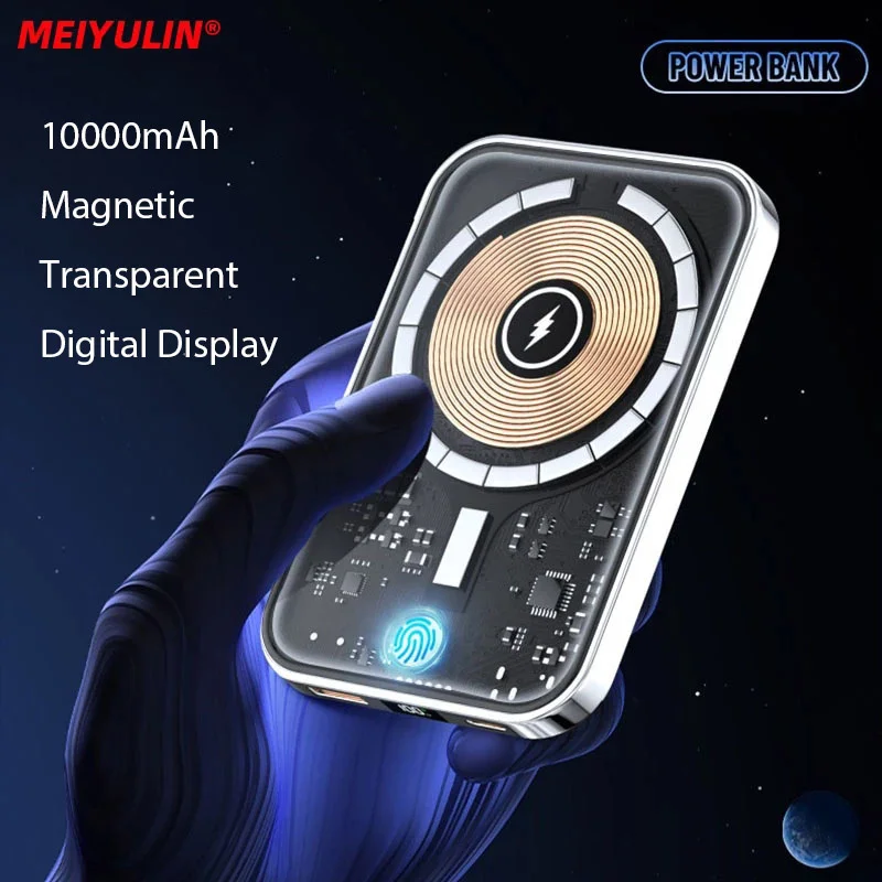 10000mAh Wireless Magnetic Power Bank Portable External Spare Battery Transparent Powerbank 22.5W Fast Charger For iPhone Xiaomi