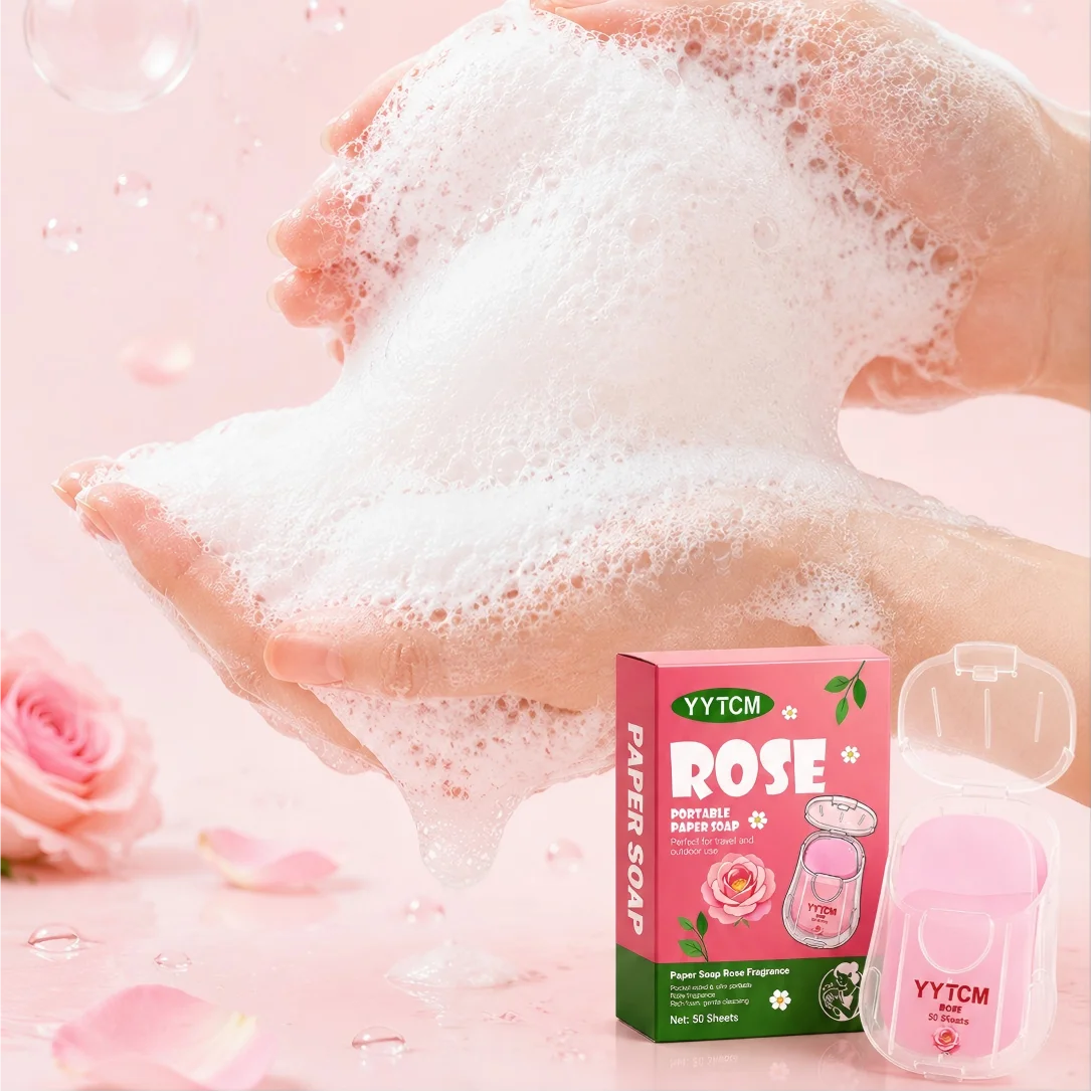Yytcm Rose Scent Portable Paper Soap 50 Pieces Boxed Disposable Hand Washing Soap Sheets Travel Outdoor Cleaning Paper Soap