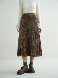 DUSHU Velvet Printed Pleated Half Skirt 2023 Winter New High Waisted Half Skirt For Women Brown Skirts Casual Loose