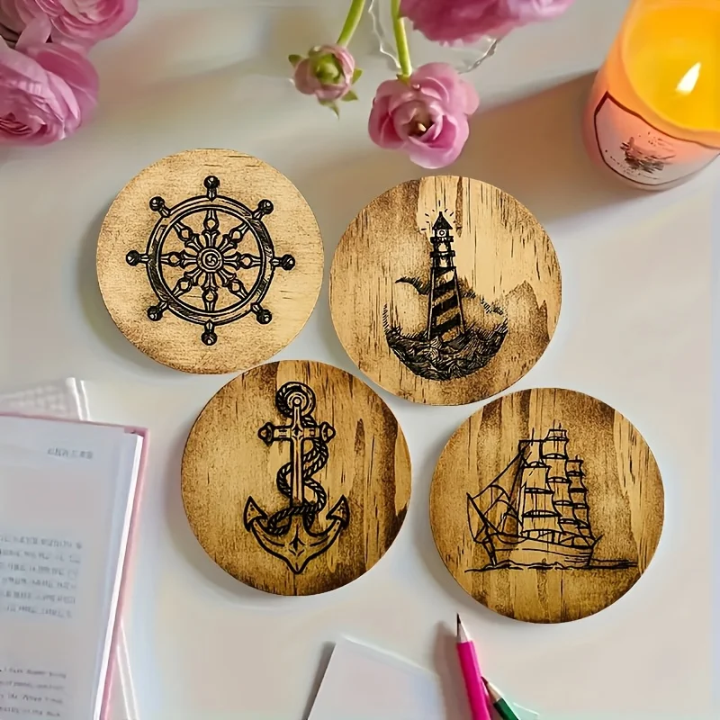 12pcs Marine-Themed 2D Wooden Coasters Set of 4 for Home Coffee Shop Decoration Ideal for Theme Parties And Holiday Gifts
