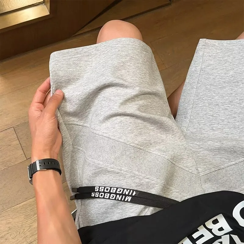 

ey Summer Large Size 250 Pou Men's Sport orts Thin Loose Straight Casual Mid-Pants American Five-Quarter Sweatpants