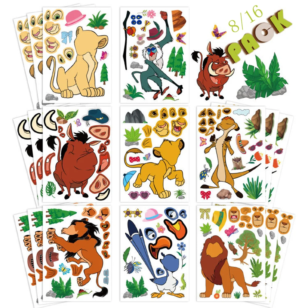 

8/16Sheets Make-a-Face Disney The Lion King Children Puzzle Stickers Game DIY Jigsaw For Boys Girls Funny Kids Educational Toys