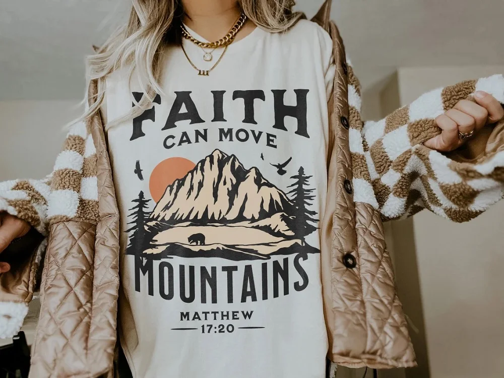 Retro Aesthetic Jesus Tshirts Matthew 17:20 Bible Verse Graphic Tees Women Vintage Boho Religious Christian T-Shirts Faith Tops