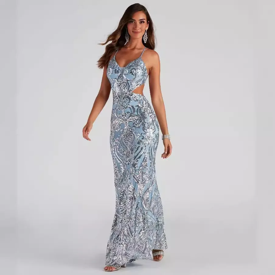 Robe de Soirée Sexy à Paillettes pour Femme, Tenue Élégante, Col en V, Dos aux, pour Banquet, Mariage, Demoiselle d'Honneur, Européenne et Américaine