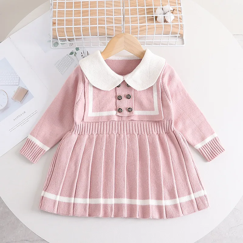 Girls\' Fashion Navy Collar Sweater Dress Autumn Baby Girls\' Knitwear Korean Style Long Sleeve Pleated Dress Kids Cotton Clothing