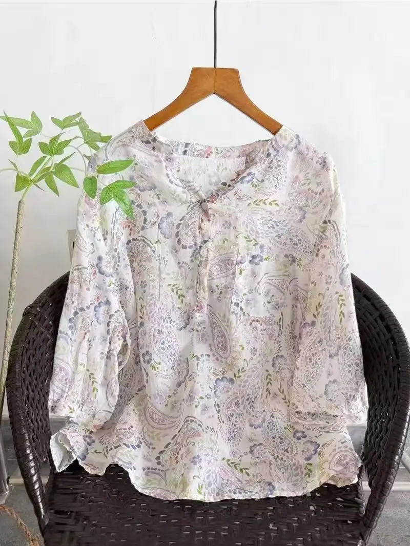 100% Ramie shirts for women summer vintage v neck half sleeve purple print shirts half sleeve blouses boho clothing