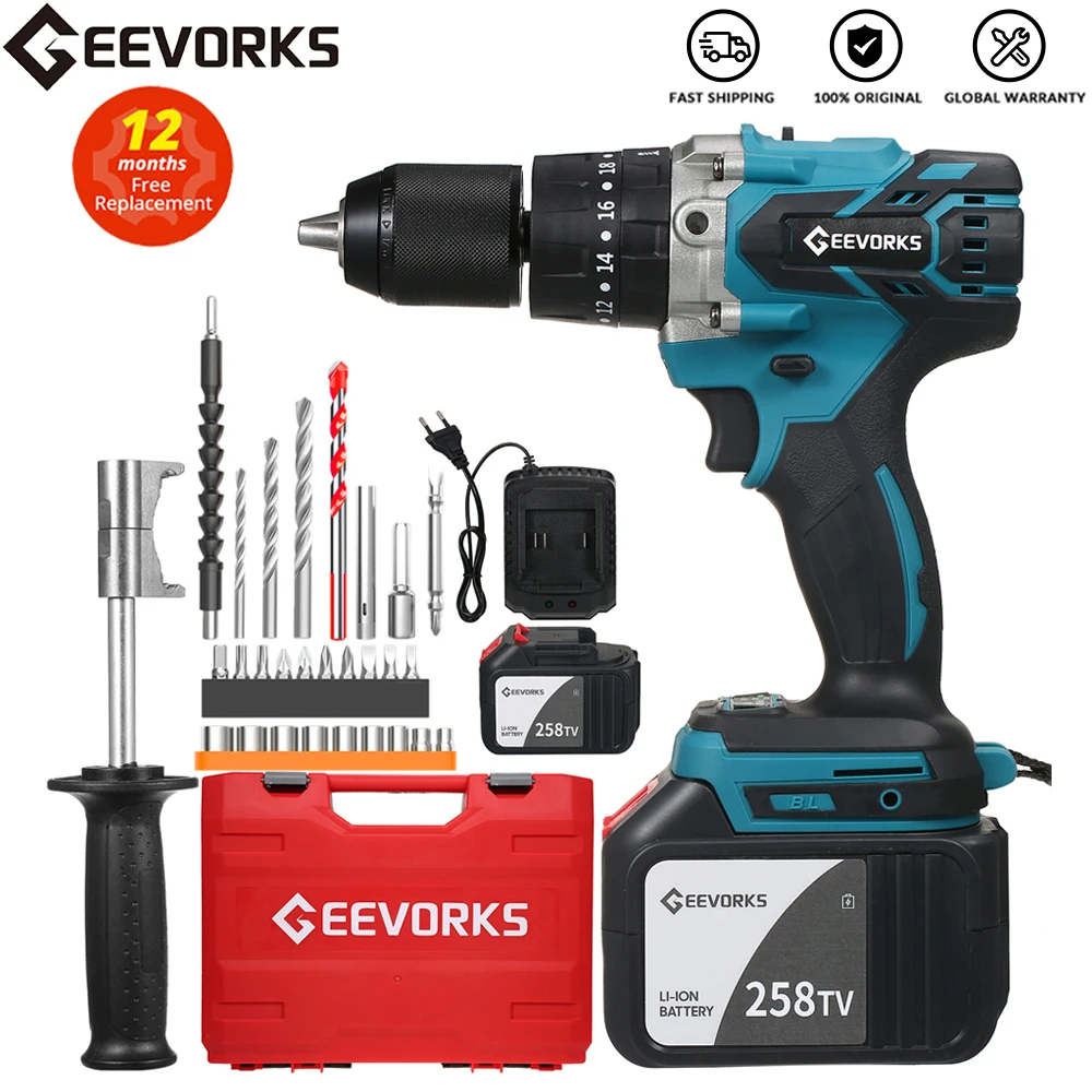 21V 6.0A Cordless Electric Screwdriver Max Torque 200N.m 1/2 Inch Metal Keyless Chuck 20+3 Position Impact Hammer for Makita