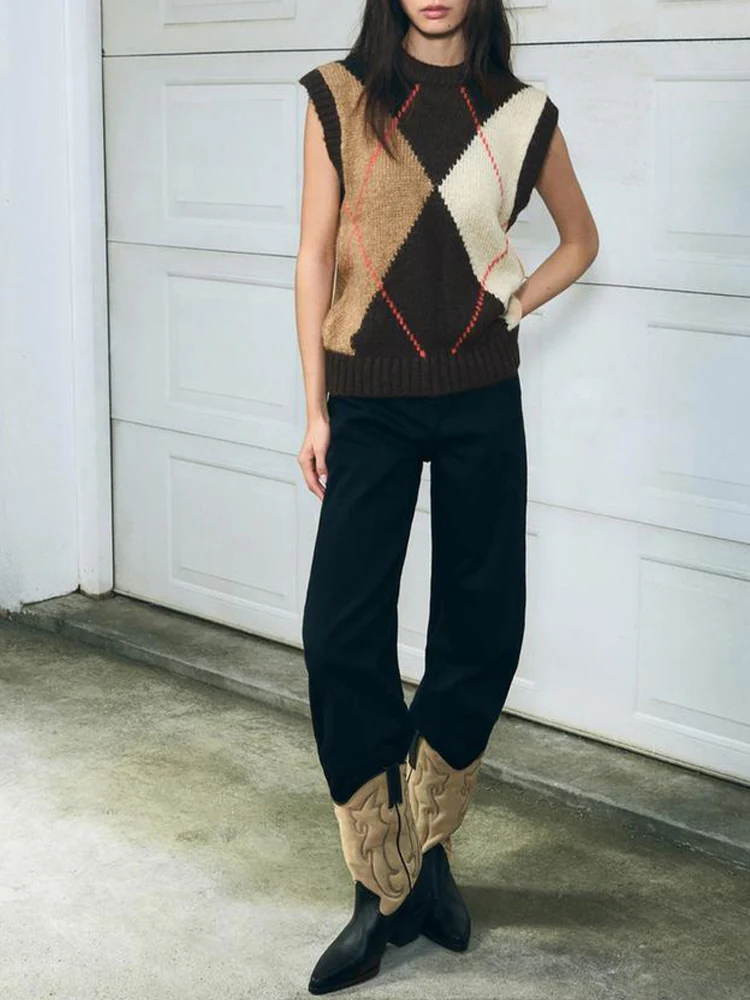 

European and American style autumn new fashion casual women's clothing design sense diamond pattern knitted vest top