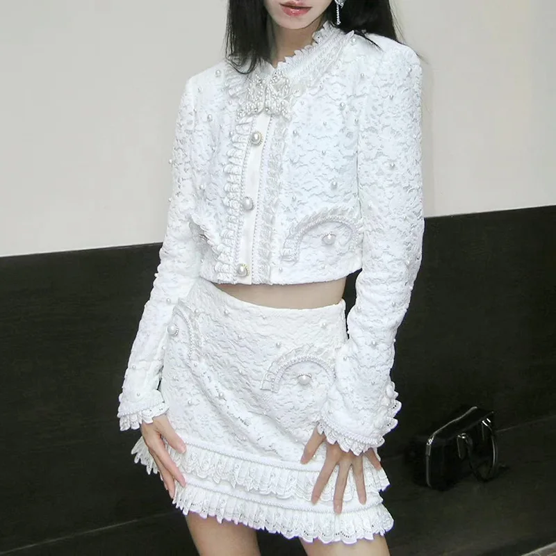 EINY Luxury Women Lace Flowers Embroidery Spliced Diamonds Jacket Short Pearls Beaded Ruffles Blazers Coat A-Line Skirt 2Pcs Set
