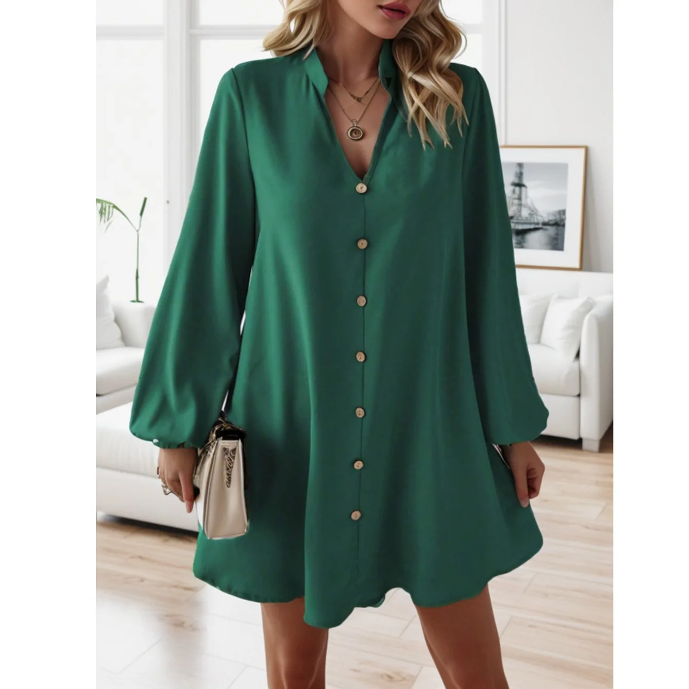 Frühling Herbst Reine Farbe V-ne Einzigen Taste Lose A-linie Lange Sve irt Dr Straße Sle Lose Taille Polyester Faser