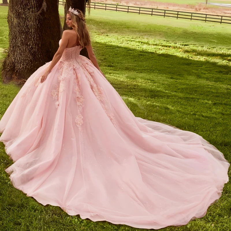 فساتين Quinceanera للأميرة الوردية اللامعة بدون أكتاف مزينة بالزهور والريش تول الحلو 16 فستان حفلة فيستدوس 15 دي أنوس #2