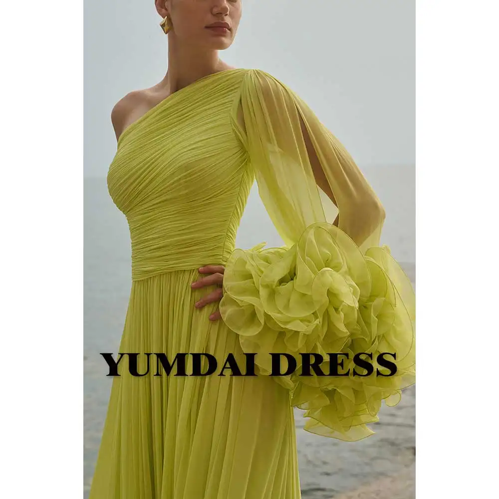 

YUMDAI Yellow Chiffon One Shoulder Sleeve Evening Gown Premium Dubai Mother of the Bride Gown Floral Ruffle Wedding Guest Gown