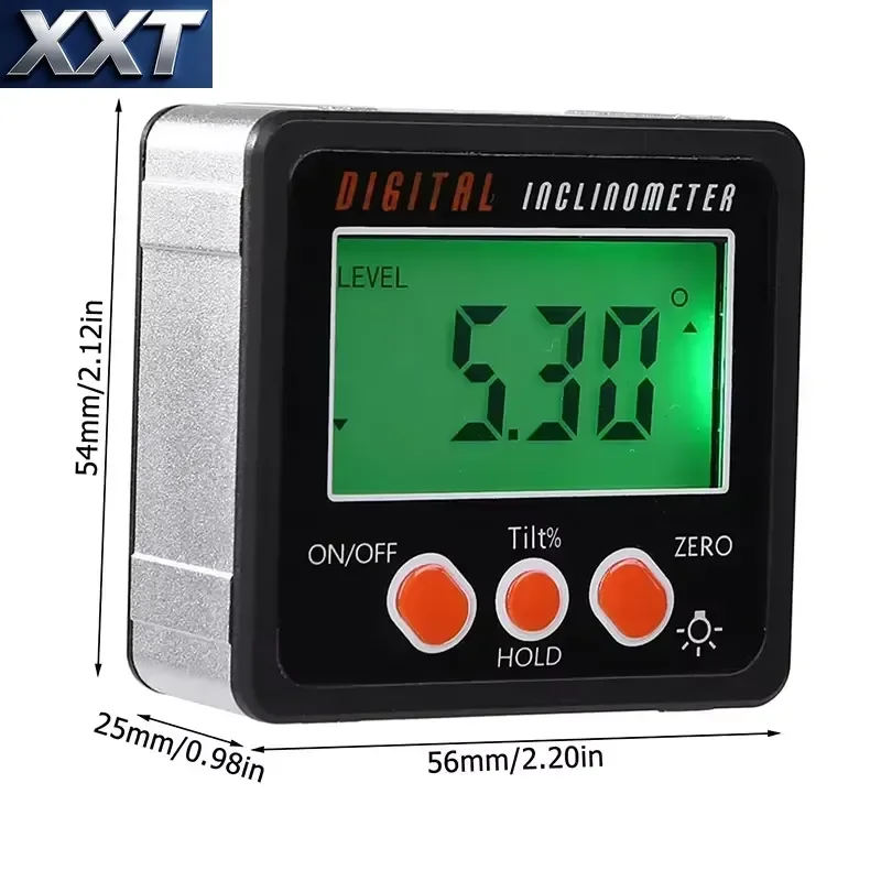 XXT Industrial Aluminum 360 Degree Protractor with LED Digital Angle Gauge Meter Magnets Base Level Slope Bevel Box
