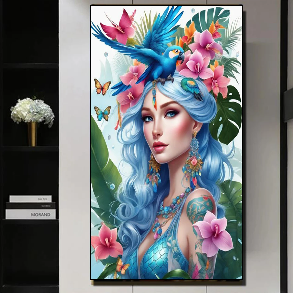 Full Diamond Mosaic Flowers With Parrots Woman 5d Diamond Painting New 2024 Rhinestone of Picture Cross Stitch Halloween Gift