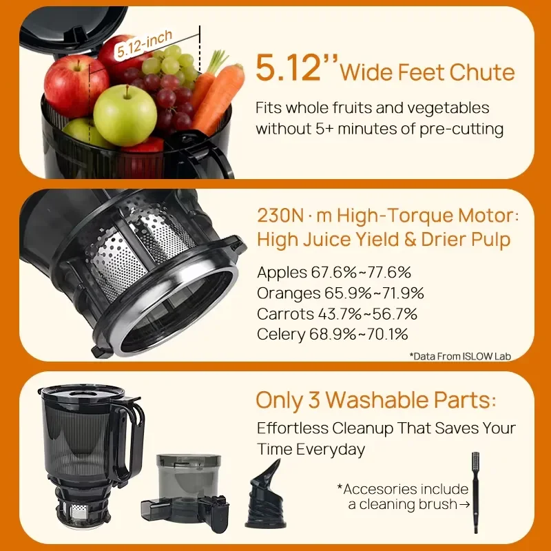 SJ-086 High Yield Slow Juicer Heavy Duty Commercial Stainless Steel Cold Press Masticating Juice Extractor for Fruits