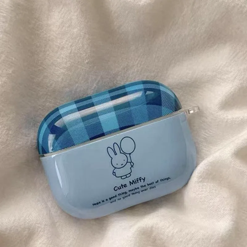 Miffy Blue Bluetooth Protective Cover Kawaii Cartoon Grid Balloon Miffy Rabbit Airpods 4 Earphone Case Fall Prevention