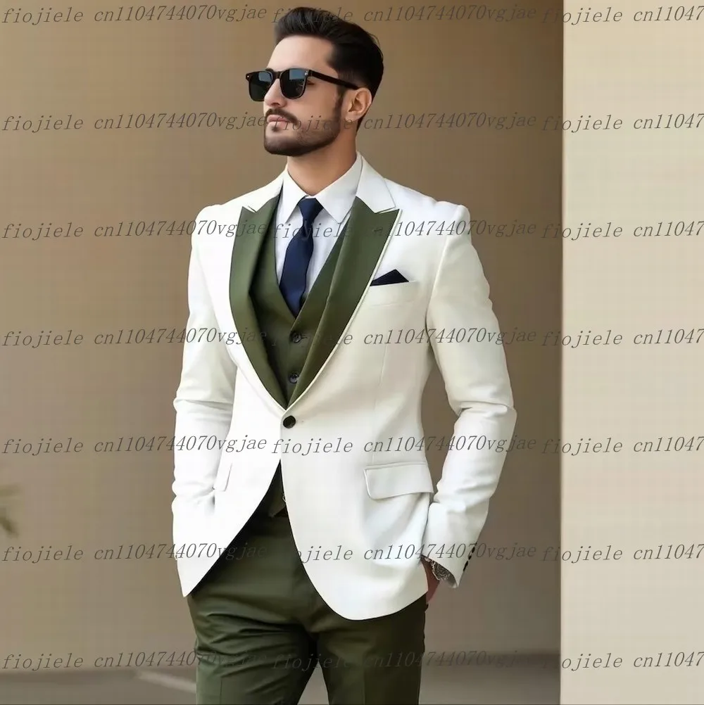 Costume blanc et vert armée pour hommes, Tuxedos formel pour fête de mariage, marié d'affaires, ensemble 3 pièces personnalisé, veste, gilet, pantalon