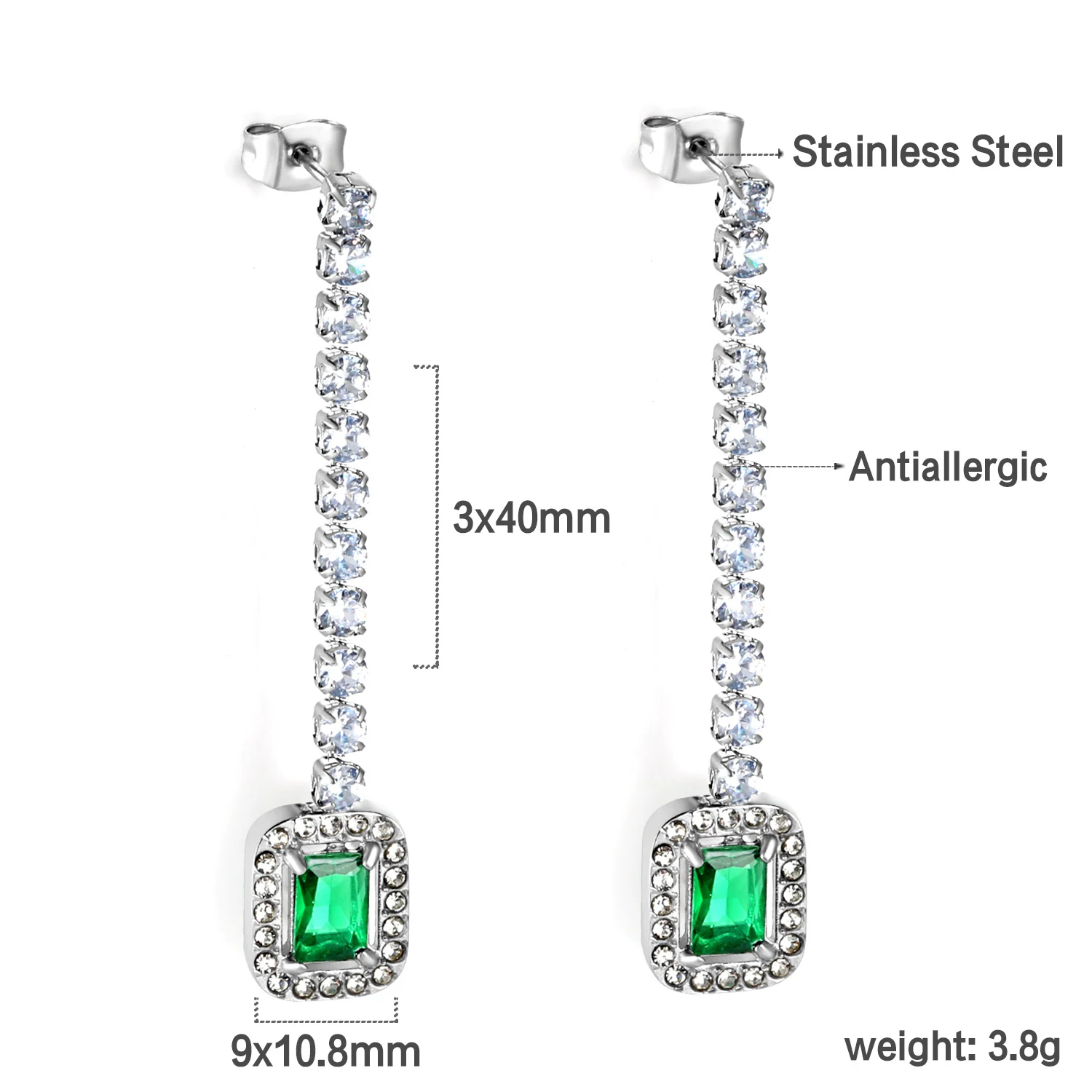 LUXUSTEEL Luxury Long CZ Tennis Chain Green Crystal Drop Earrings Silver Color Stainless Steel Geometric Tassel Women Earring