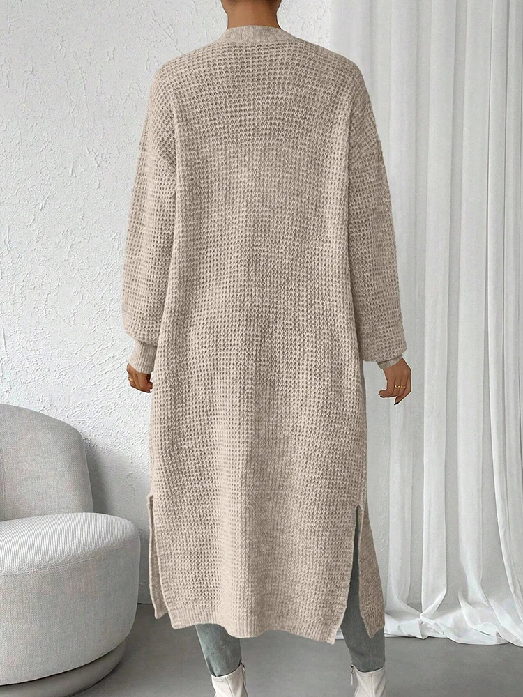Damski sweter rozpinany z dekoltem w serek, ażurowy, modny i elegancki, monochromatyczny, średniej długości, top