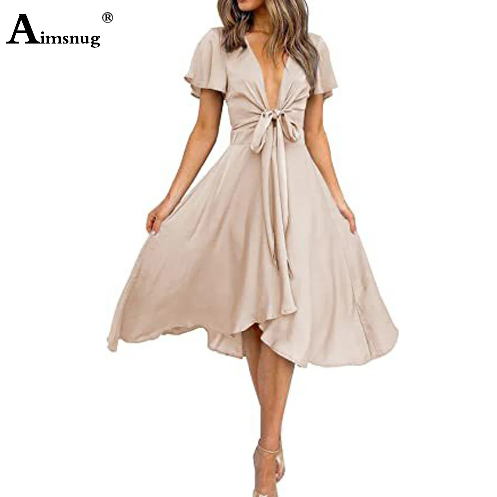 Women Casual Mid-Calf Dress Clothing 2024 Sexy Deep V-neck Party Evening Dresses Apricot Blue Robe Femme Waisted Bow Tie Dress