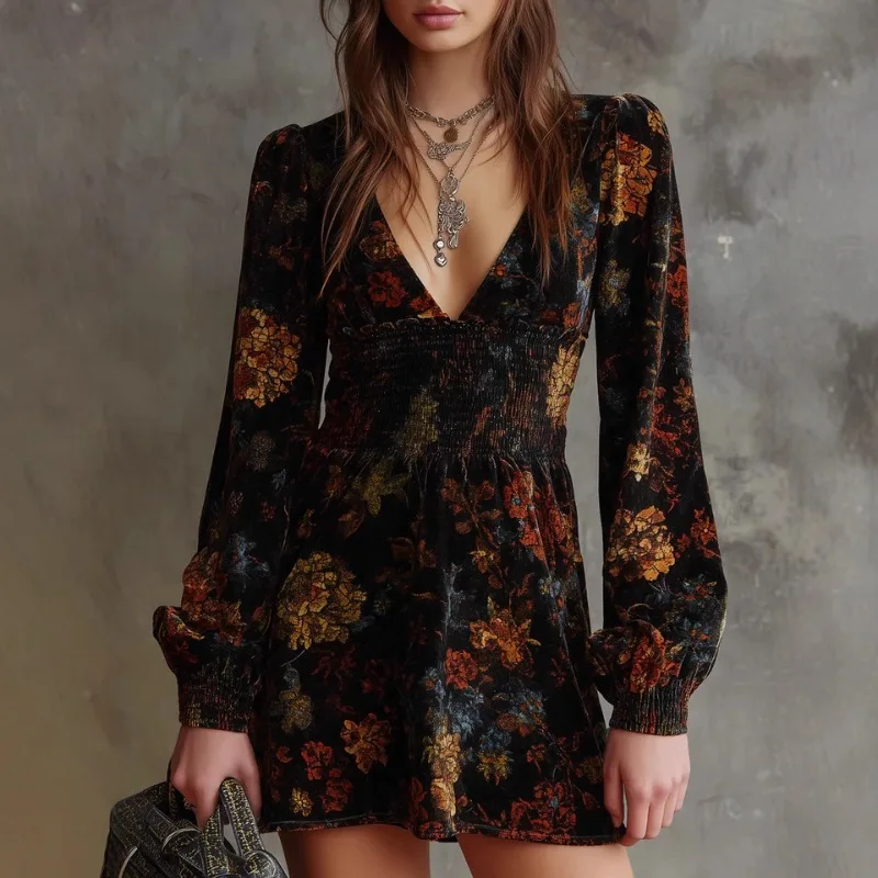 

Vintage Elegant Velvet Floral Print V-Neck Dress Sexy Waist Long-Sleeve A-Line Lantern Black Dress High Street Night Gown Chic