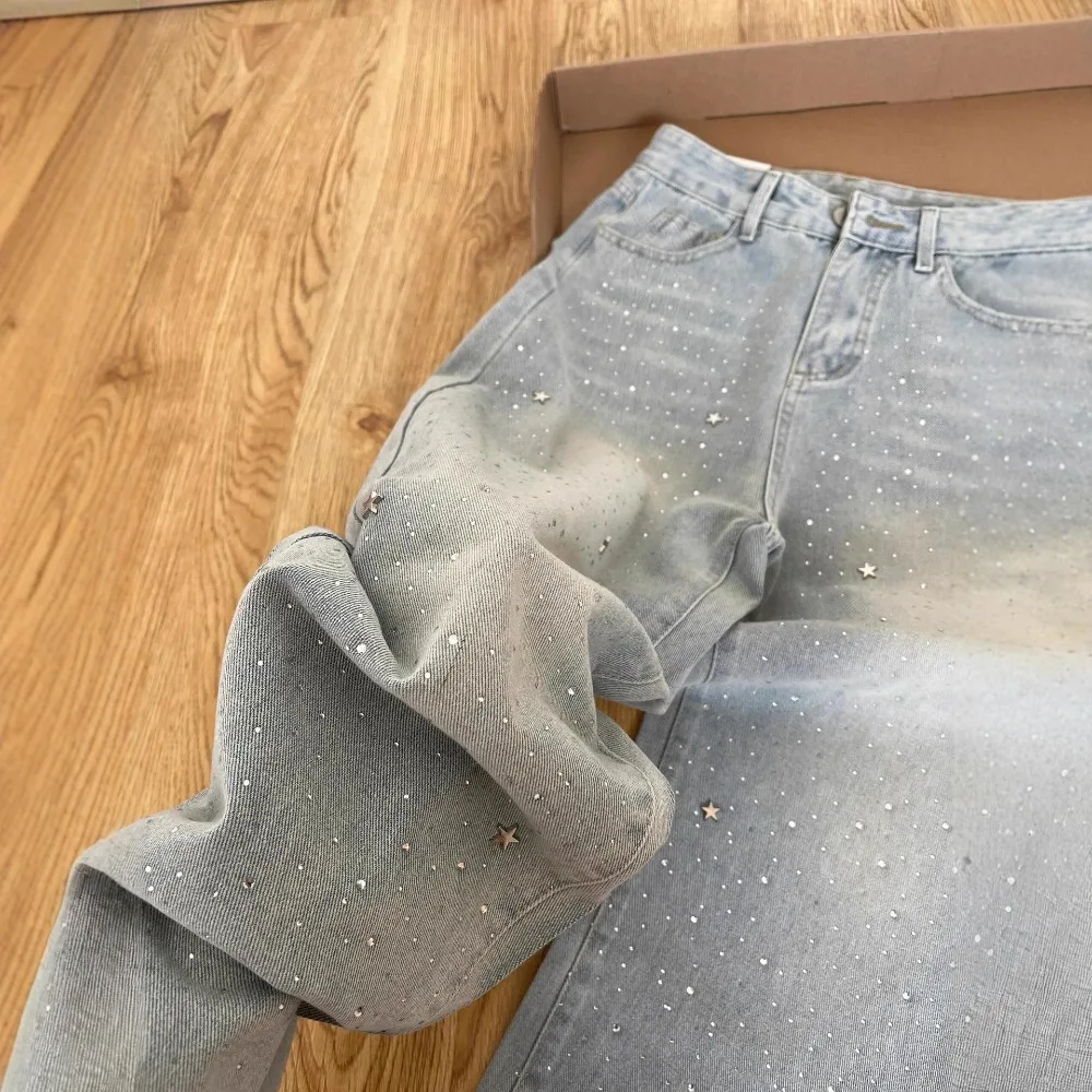 Pantalon à jambes larges pour femmes, poche taille haute avec fermeture éclair en strass, jean de Style printemps et automne