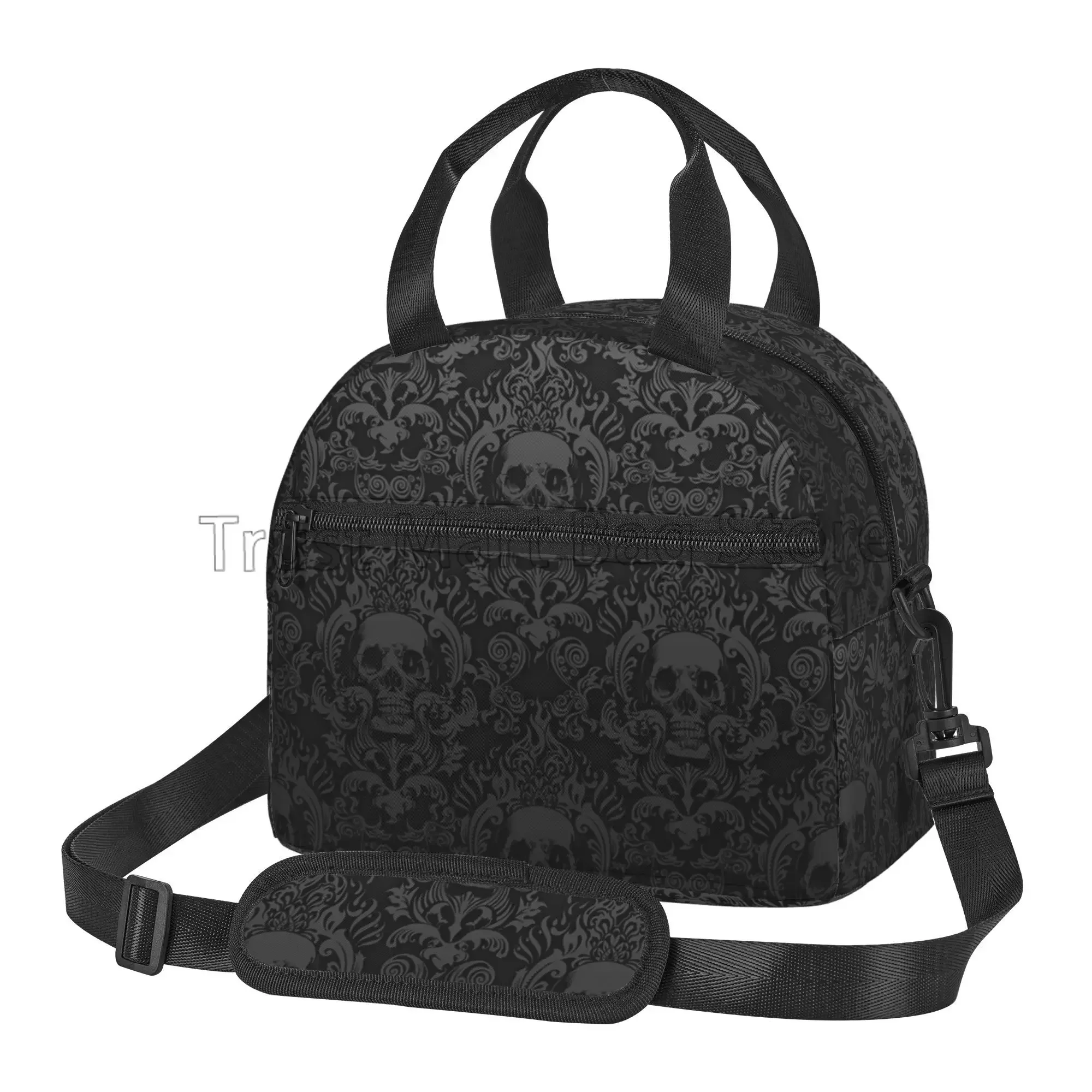 Gothic Black Skull Damask Insulated Lunch Bag Unisex Lunch Box z odpinanym paskiem na ramię Torba termoizolacyjna wielokrotnego użytku