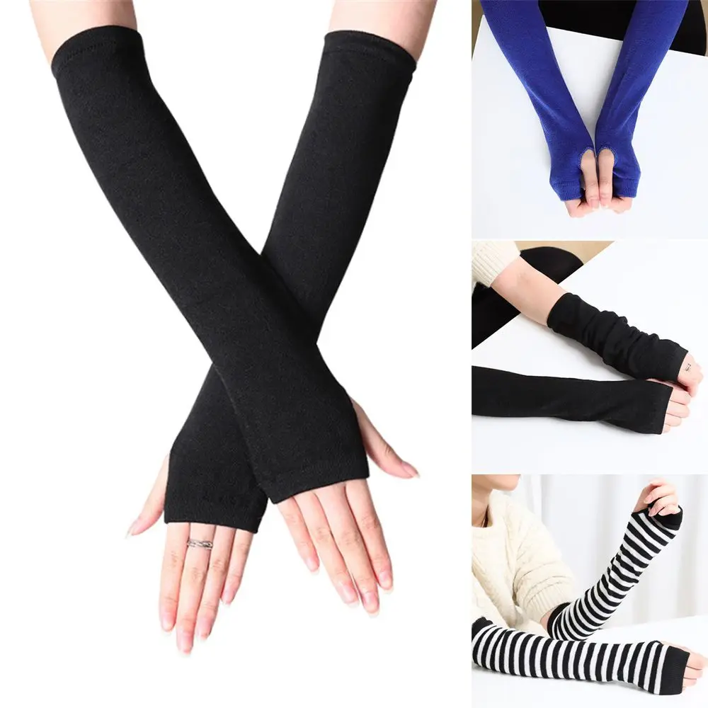 Women Girls Cotton Classic Fingerless Long Gloves Wristband Arm Warmer Long Sleeve Striped Elbow Mitten Knitted Handschoenen