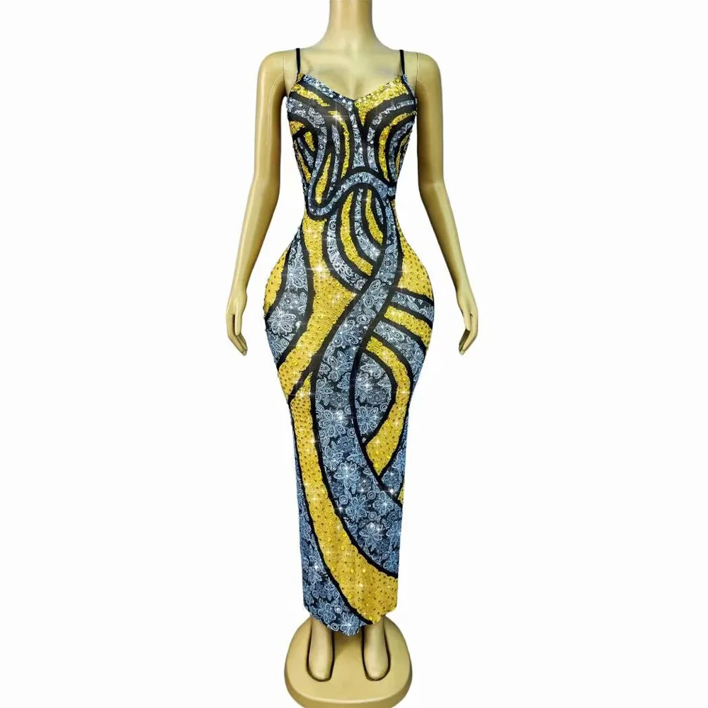 

Sexy Elegant Lace Partern Shining Rhinestones Trim fit Maxi Suspenders Dress Women Evening Party Gown Fashion show Stage Outfit