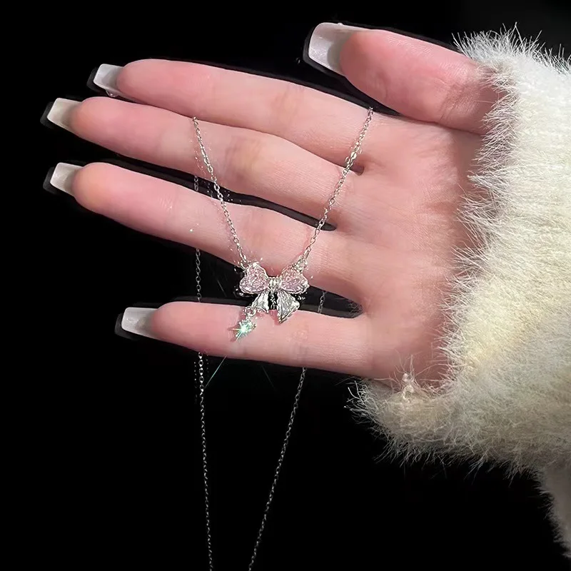 Sweet Pink Bow Necklace Ladies Fashion Sparkling Rhinestone Star Shape Pendant Clavicle Chain Delicate Wedding Accesories