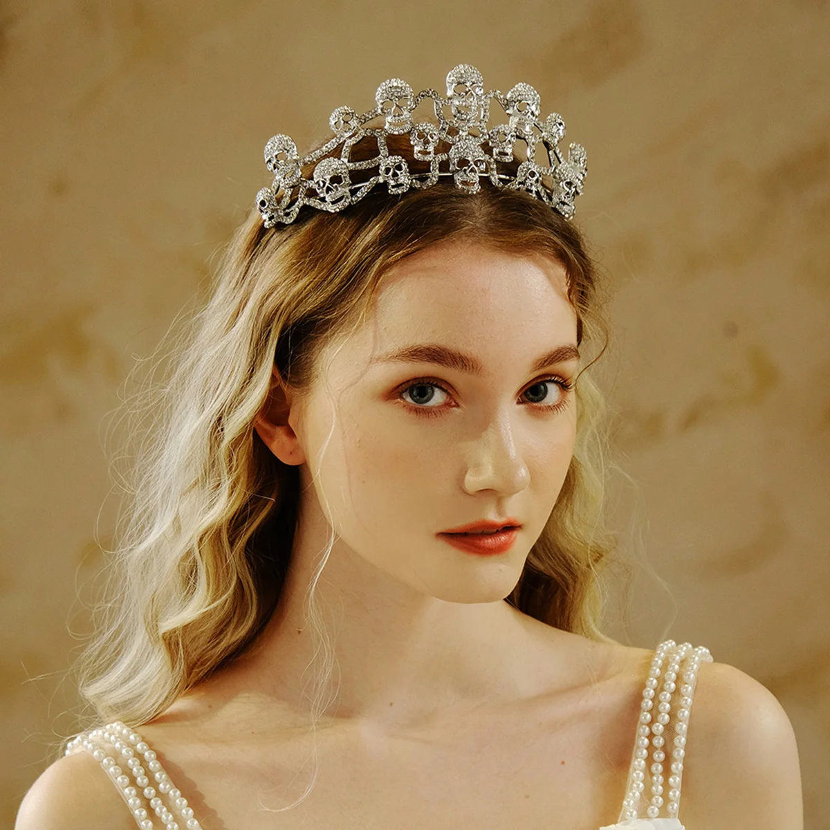 실버 컬러 라인스톤 헤어밴드, 할로윈 해골 왕관 쥬얼리, 여성 및 소녀 파티, 코스프레 공주 머리띠 티아라