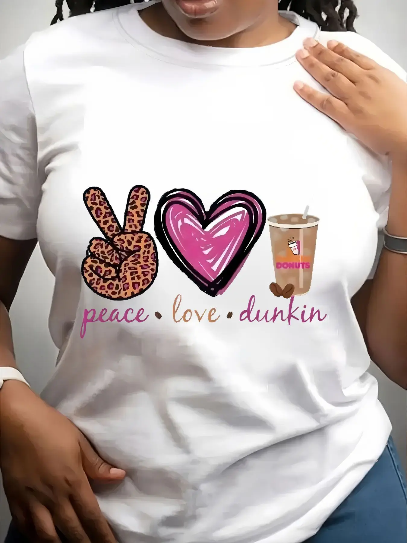 Women's Trendy Crew Neck T-Shirt Peace Love Dunkin Donuts Graphic Suitable for Casual Sportswear view 2