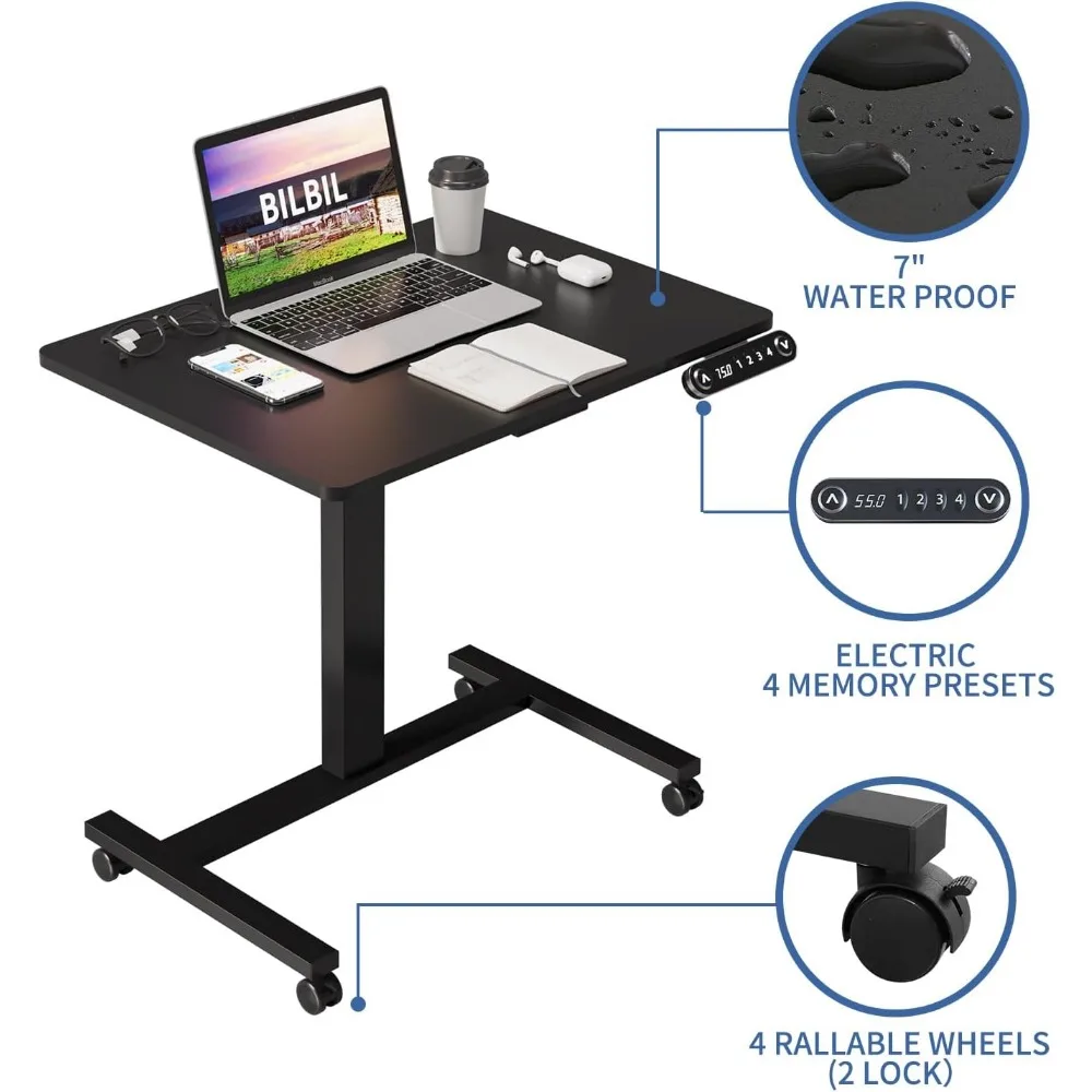 Escritorios eléctricos de pie con ruedas bloqueables, 32x24 pulgadas, altura ajustable, sentarse para poner, escritorio sobre cama, mesa para computadora portátil