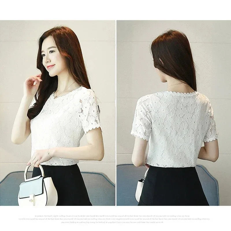 Casual O-neck Women\'s Clothing Fashion Hook Hollow Flower Blouse Summer Short Sleeve Shirt Elegant White Lace Tops Blusas D710