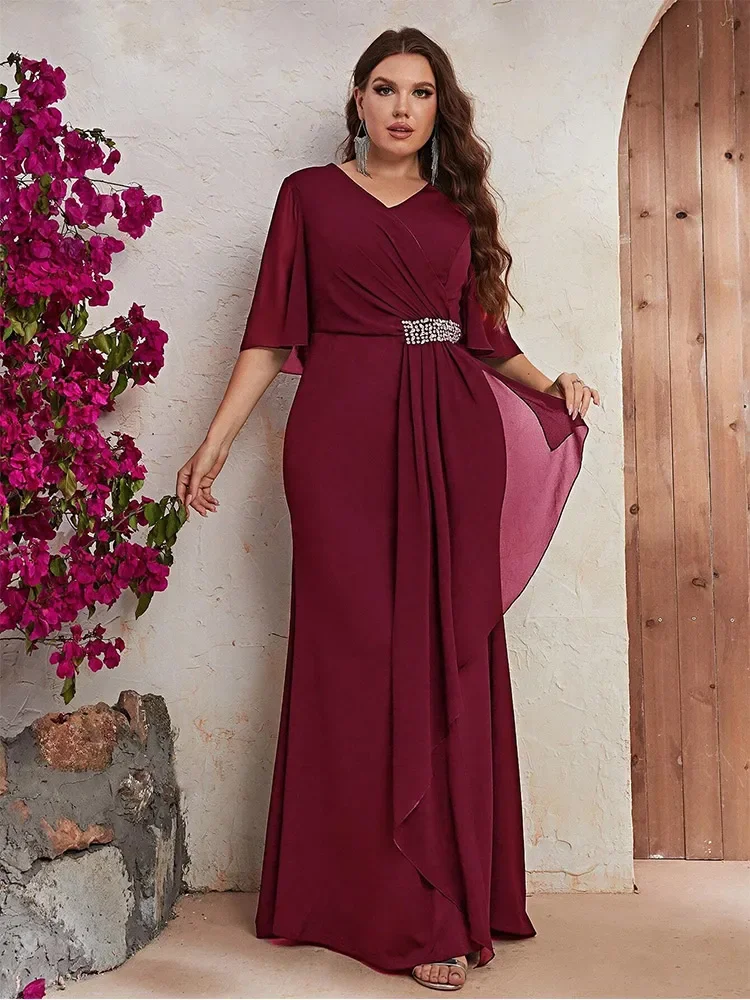 Plus Size V-Neck Dark Green Floor-Length Evening Dress 4xl 5xl Big Size Short-Sleeved Chiffon Floor-Length Bridesmaid Dress