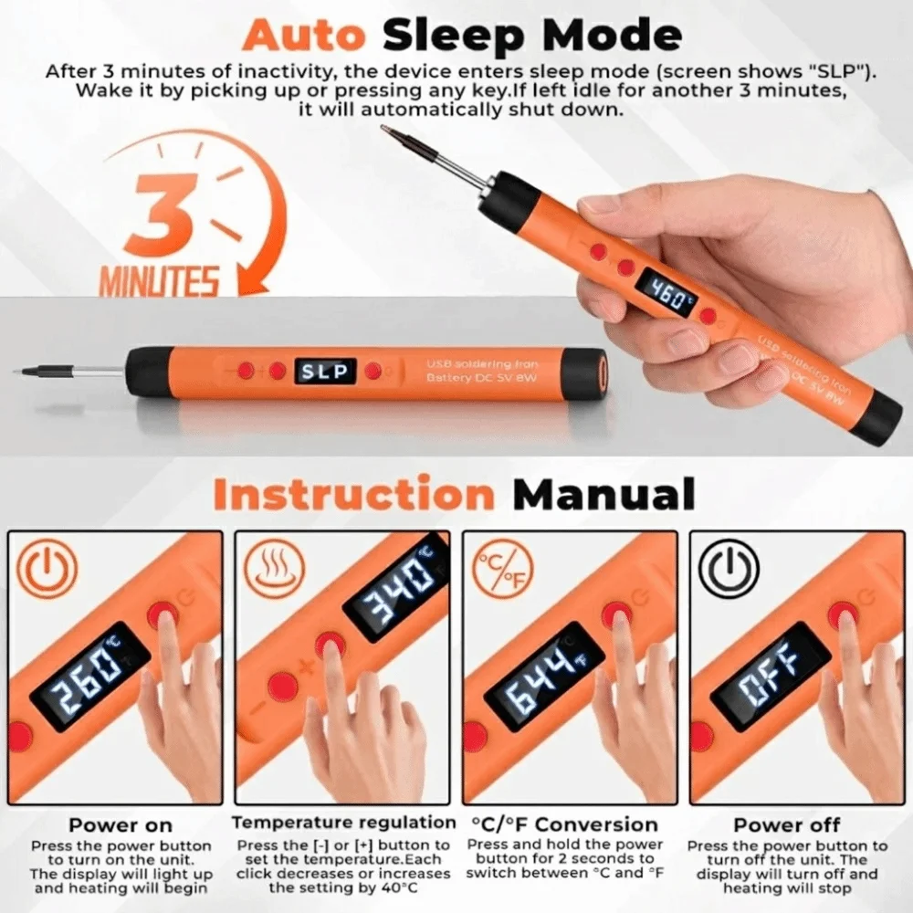 25W Power USB Soldering Iron Lithium Battery Lightweight Design Rechargeable Soldering Iron 3-Levels Adjustable