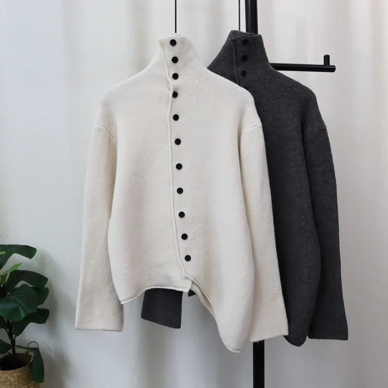 European Autumn Winter Fashion Women's Solid Color Stand Collar Casual Trendy Long Sleeve Knitted Sweater Coat Female Cardigan