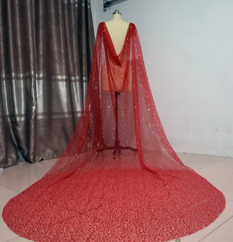 Sparkle Heavy red Cape Veil with Beads Pearls Luxury Bridal Bolero 3 Meters Shoulder Veil with Pins Wedding Accessories