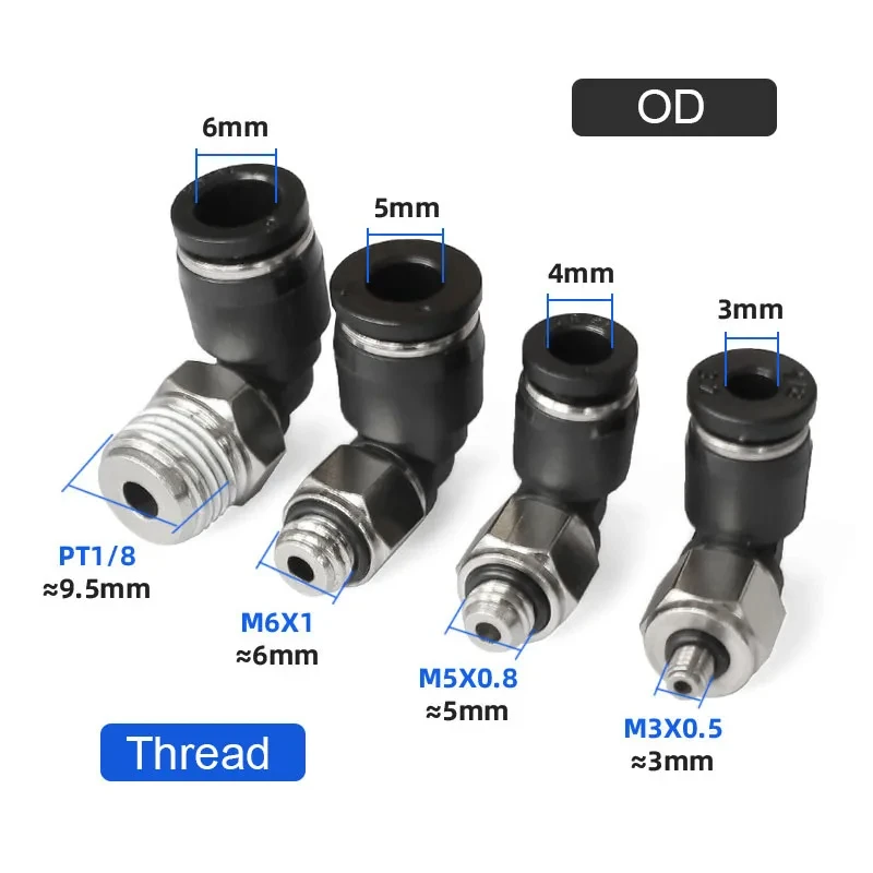 1-150pcs Mini PL Pneumatic Air Connector Elbow Fittings OD 3 4 5 6mm Male Thread M3 M5 M6 1/8