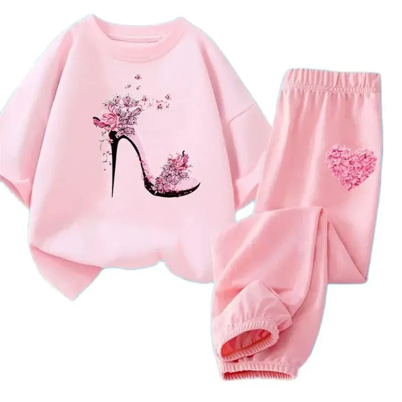 2pcs Girls Summer Fashion Clothing Sets Kids Butterfly High Heels Short Sleeve T-shirt +Pants Outfits Kids Cotton Tracksuit