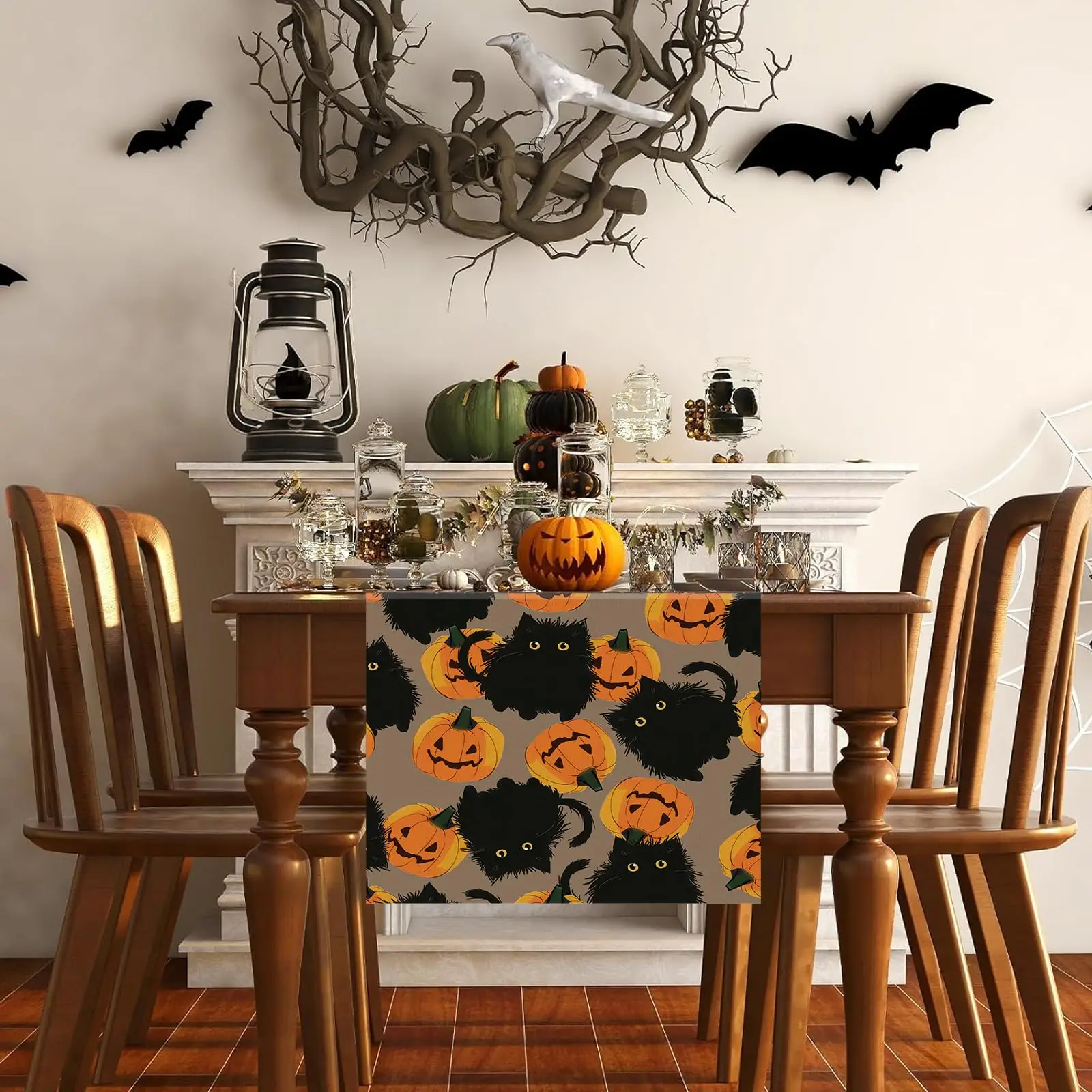 Halloween Table Runner Black Cat Pumpkins Seasonal Kitchen Dining Table Home Outdoor Party Decorations