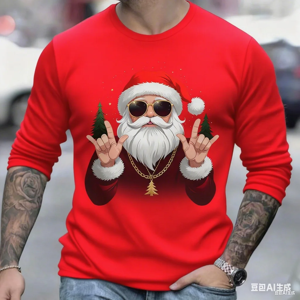 

Men's Christmas reindeer 3D printed long sleeved T-shirt fashion Round neck cotton X'mas theme holiday casual men's y2k clothing