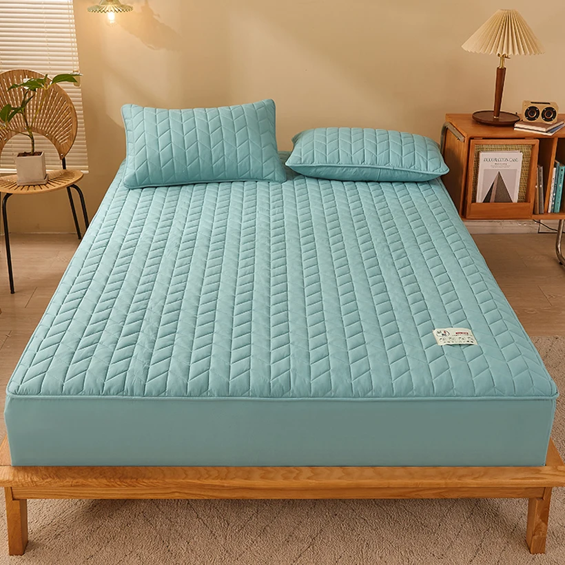 

Luxury Quilted Bed Fitted Sheet 100% Cotton Soy Fiber Fill Elastic Mattress Cover Solid Color Bedding Mattress Protector 140/160