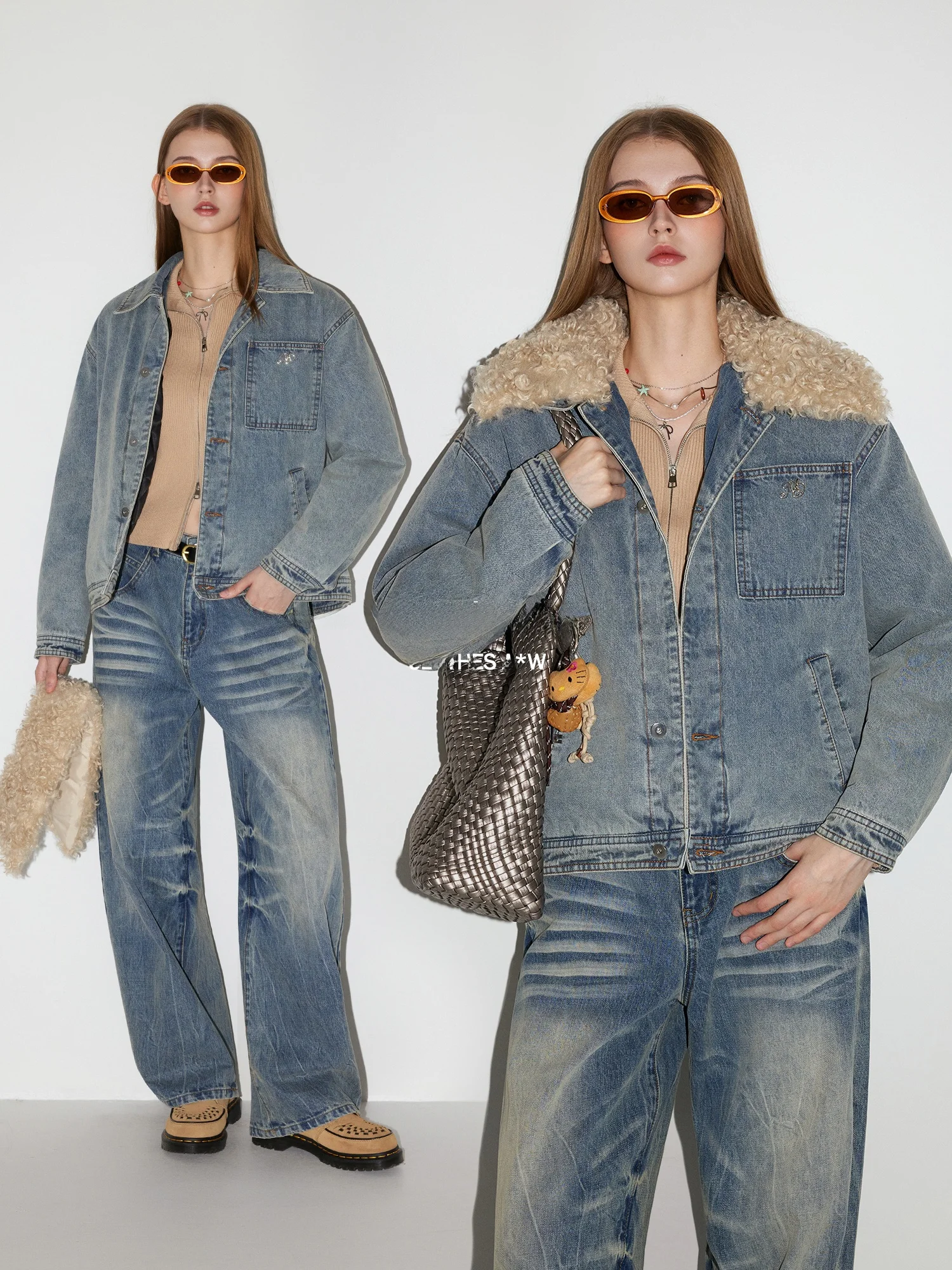 

MoodBerry American Retro Detachable Warm Plu Collar Denim Jaet Women Winter oulder Drop Cotton Insertion Top