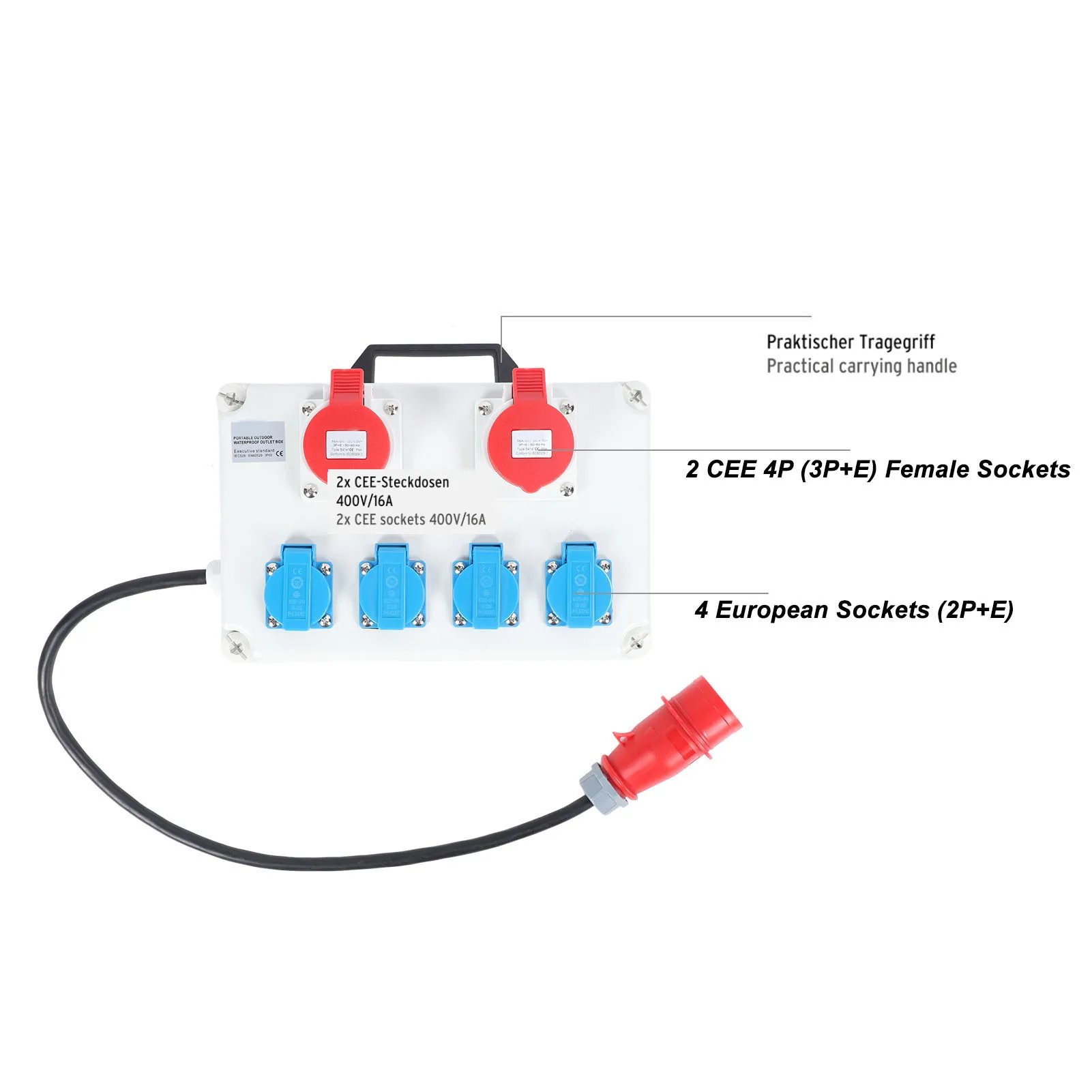 

Waterproof Socket Box with Handle Compact Distribution Box Multi Sockets Power Junction Box AC 220‑380V 240‑415V
