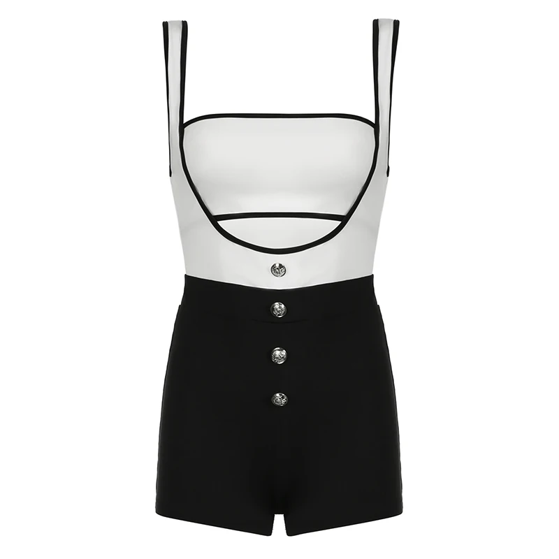 BIIKPIIK Black White Contrast Color Playsuits Fashion Buttons Sleeveless Slim Fit Women Rompers Casual Elegant Party Outfit Chic