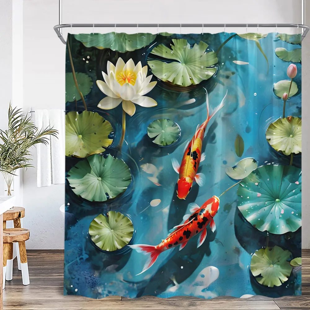 Koi Fish Oriental Watercolor Shower Curtain Asian Japanese Style Lotus Carp in Pond Ink Painting Bathtub Curtain Decor with Hook