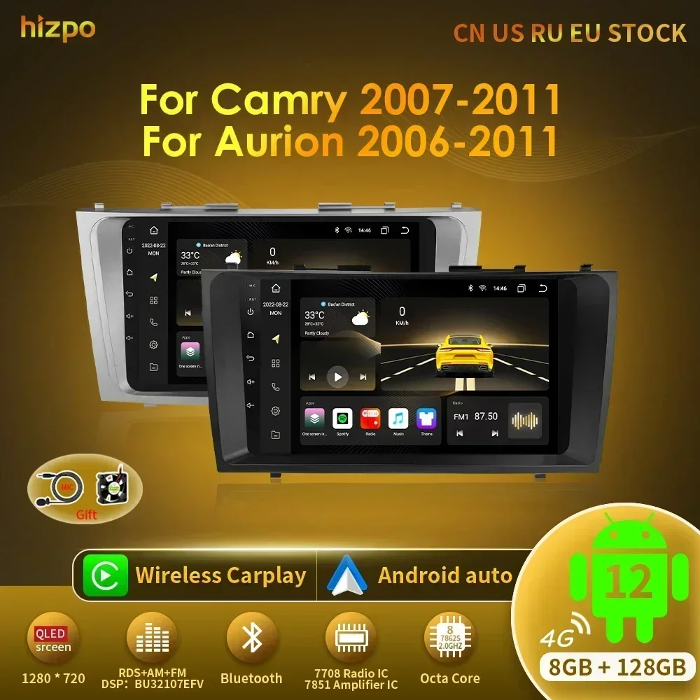 

Hizpo Android 12 AI Voice Car Radio Auto Multimedia For Toyota Camry 2007-2011 Aurion 2006-2011 Carplay 4G 2din GPS Autoradio BT