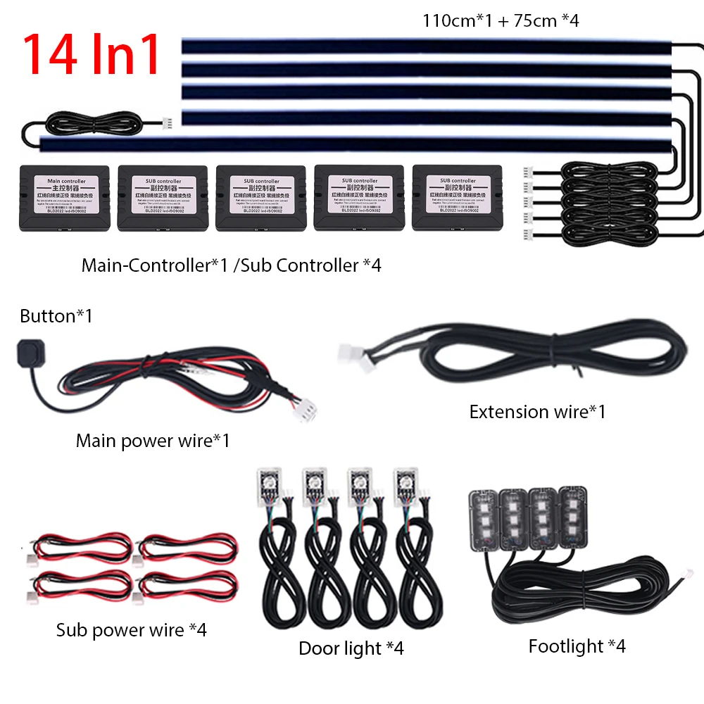 18 in 1 Umgebungslicht für den Innenraum des Autos, 64 Farben, atmen Sie die Armaturenbrett-Türdekoration, LED-Streifenlichter, RGB, Bluetooth, App-Steuerung, 12 V